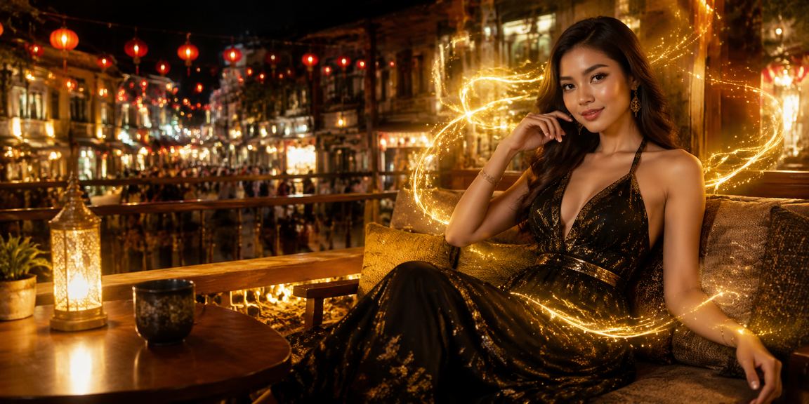 Suasana kasino dengan lampu neon di Malacca, Malaysia